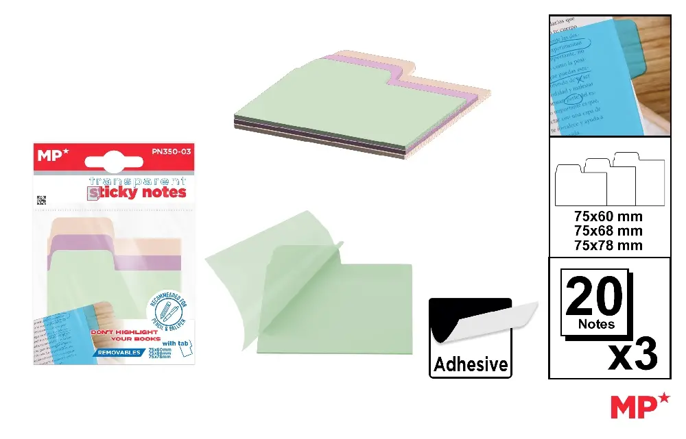 Notite autoadezive - POST IT ADEZIV TRANSLUCID IPB 75*60-68-78MM CULORI PASTEL 3*20/SET PN350-03