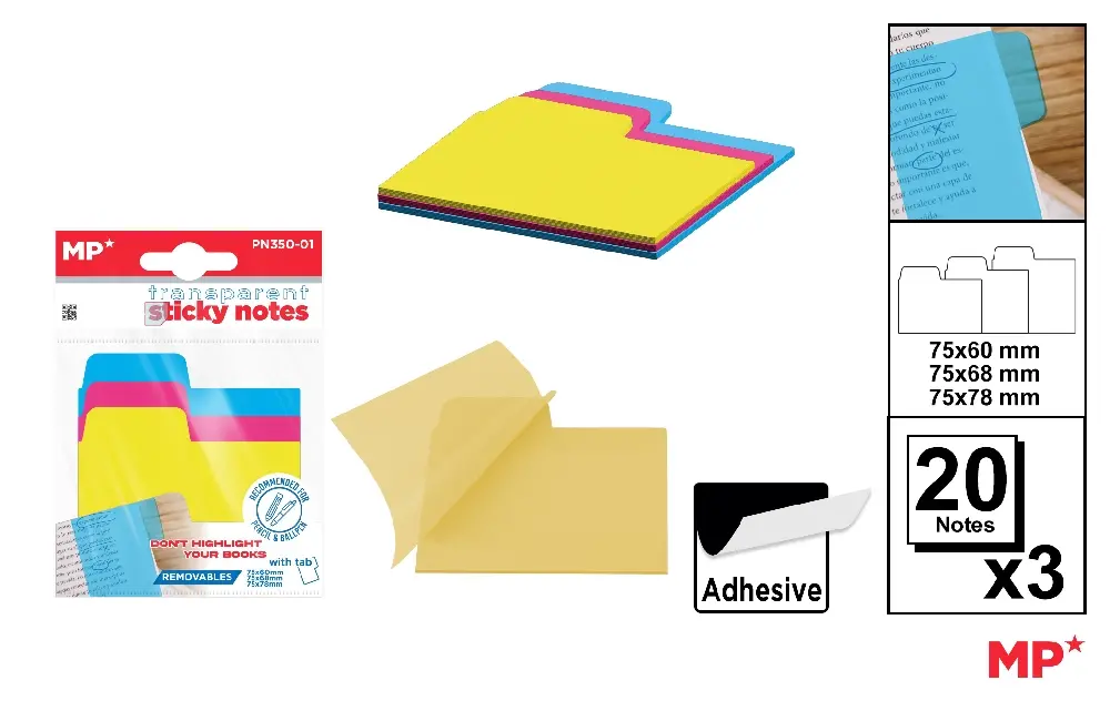Notite autoadezive - POST IT ADEZIV TRANSLUCID IPB 75*60-68-78MM DIVERSE CULORI 3*20/SET PN350-01