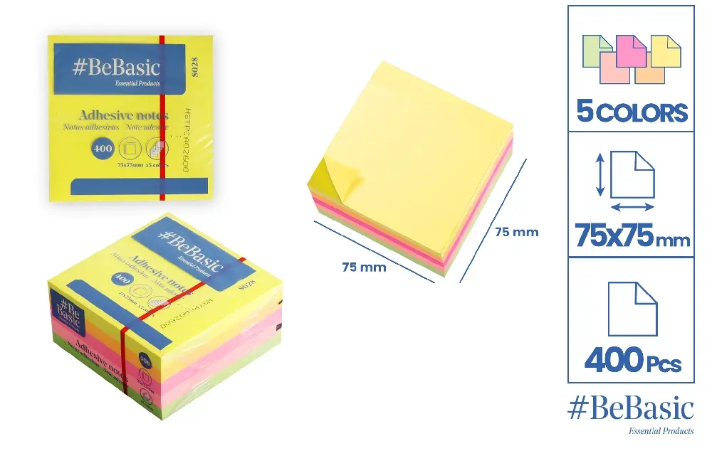 HARTIE PRODUSE DIN HARTIE - POST IT CUB BeBasic 75*75MM 400F 5 CULORI S028
