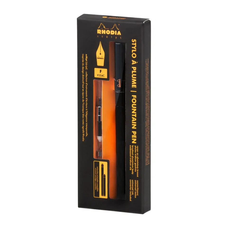 STILOU RHODIA SCRIPT METALIC NEGRU PENITA F + TRAGATOR CERNEALA 9354C [9]
