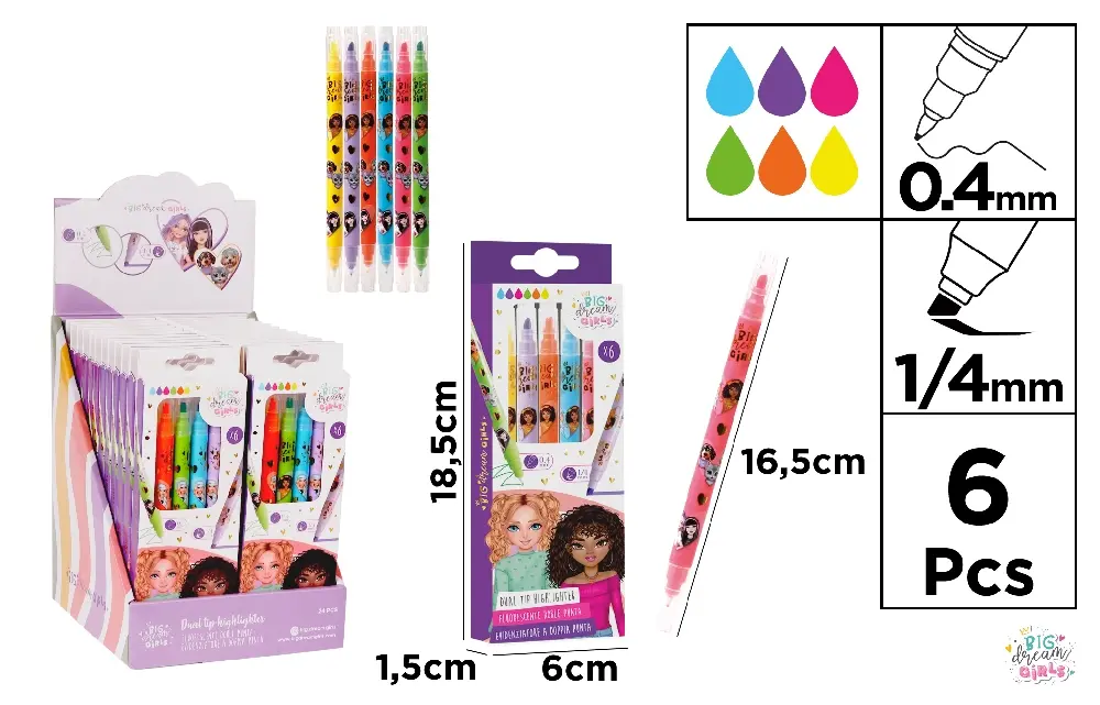ARTICOLE COPII - TEXTMARKER 1/4MM + FINELINER 0.4MM 2 IN 1 BIG DREAM GIRLS 6 CULORI/SET BD57002