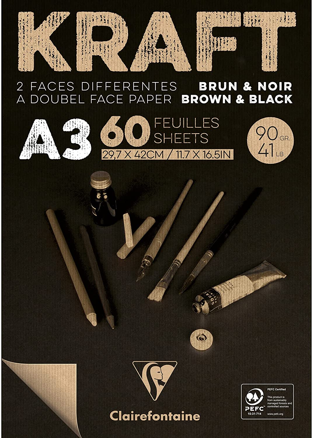 Clairefontaine CF Bloc Desen A3 60 foi 90 g/m² hârtie bicolor Kraft brun et noir 975819C