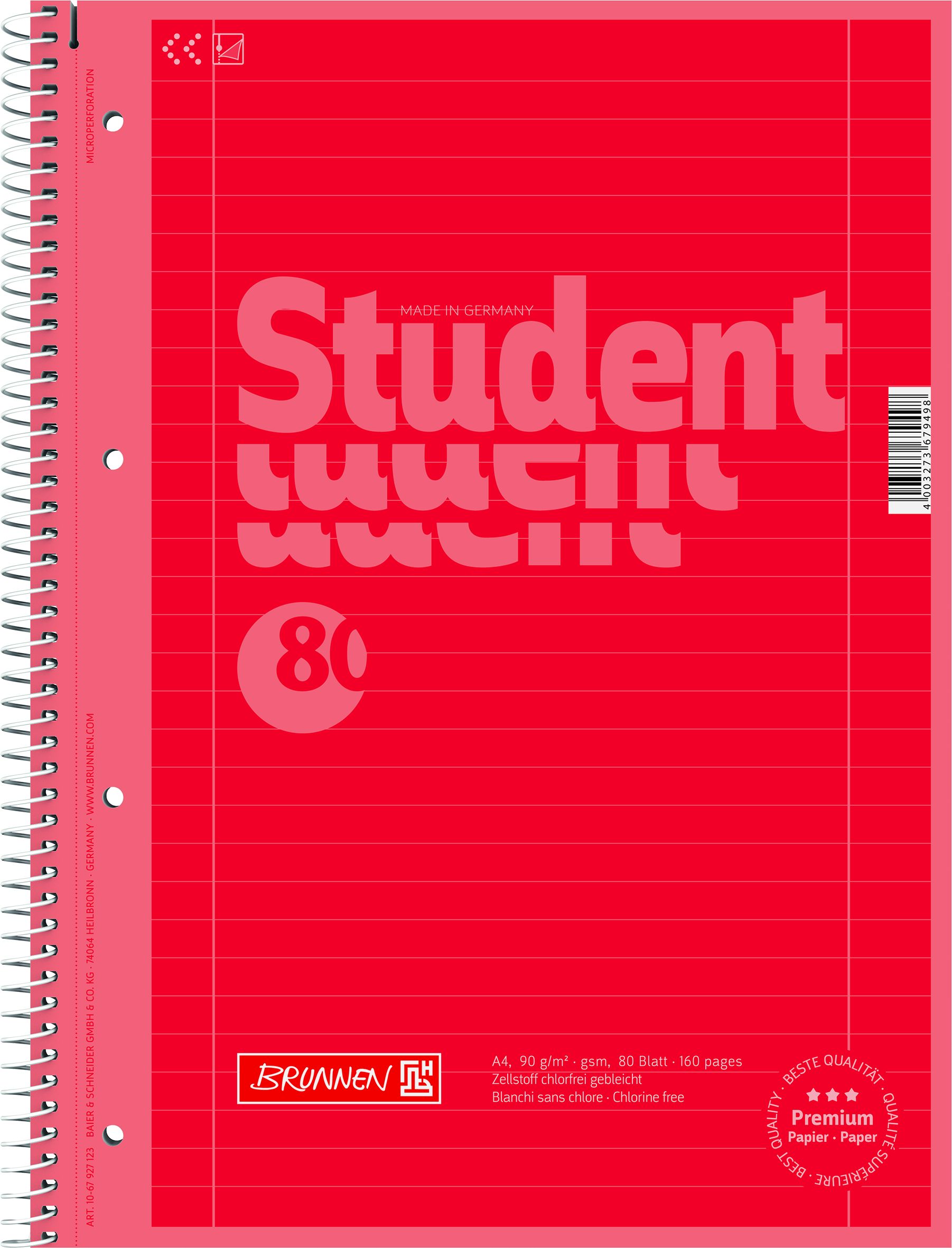 Caiet A4 80 foi spiralat cu perforatii rosu linii Brunnen