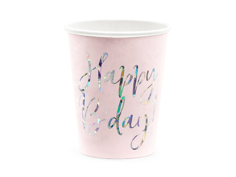 PartyDeco Happy B'day! Light Powder Pink Paper Cups 220ml Set of 6