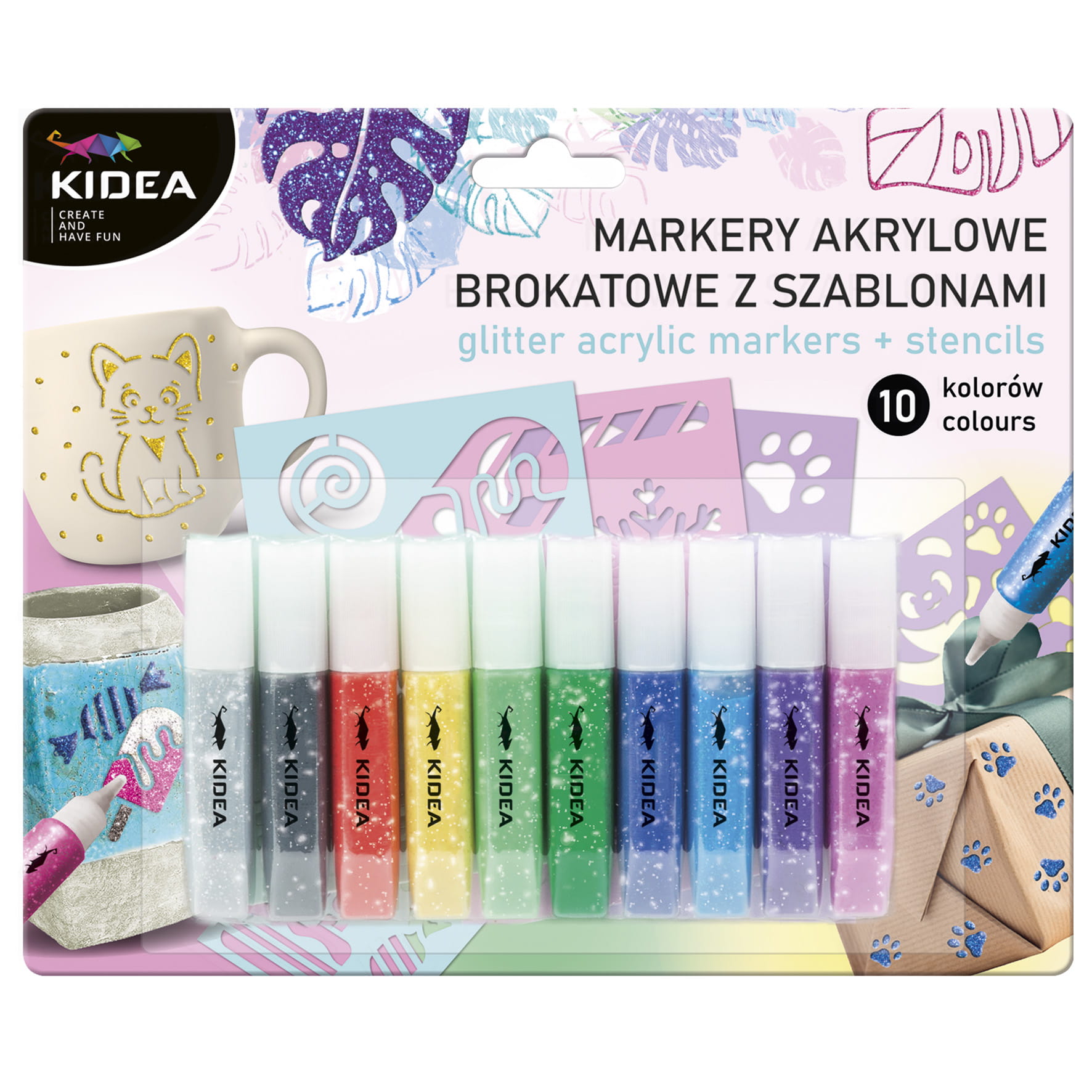 DE MARKERE CU VOPSEA ACRILICA 10 CULORI GLITTER + SABLOANE KIDEA MAB10KSKA