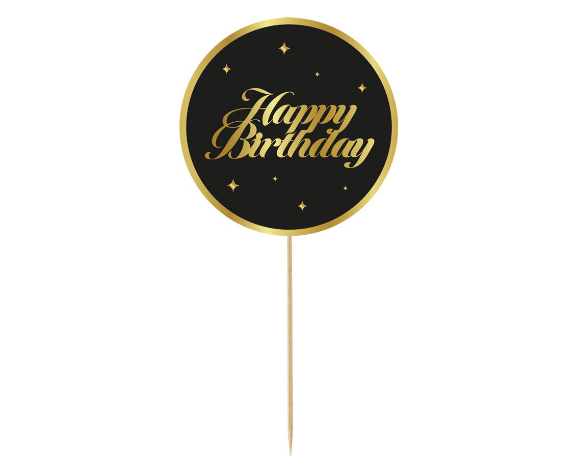 Wooden Cake Topper Happy Birthday Black Stars