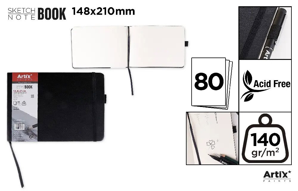 Caiet de schițe IPB 140g cu elastic 14.8x21cm 80 foi Artix PB114
