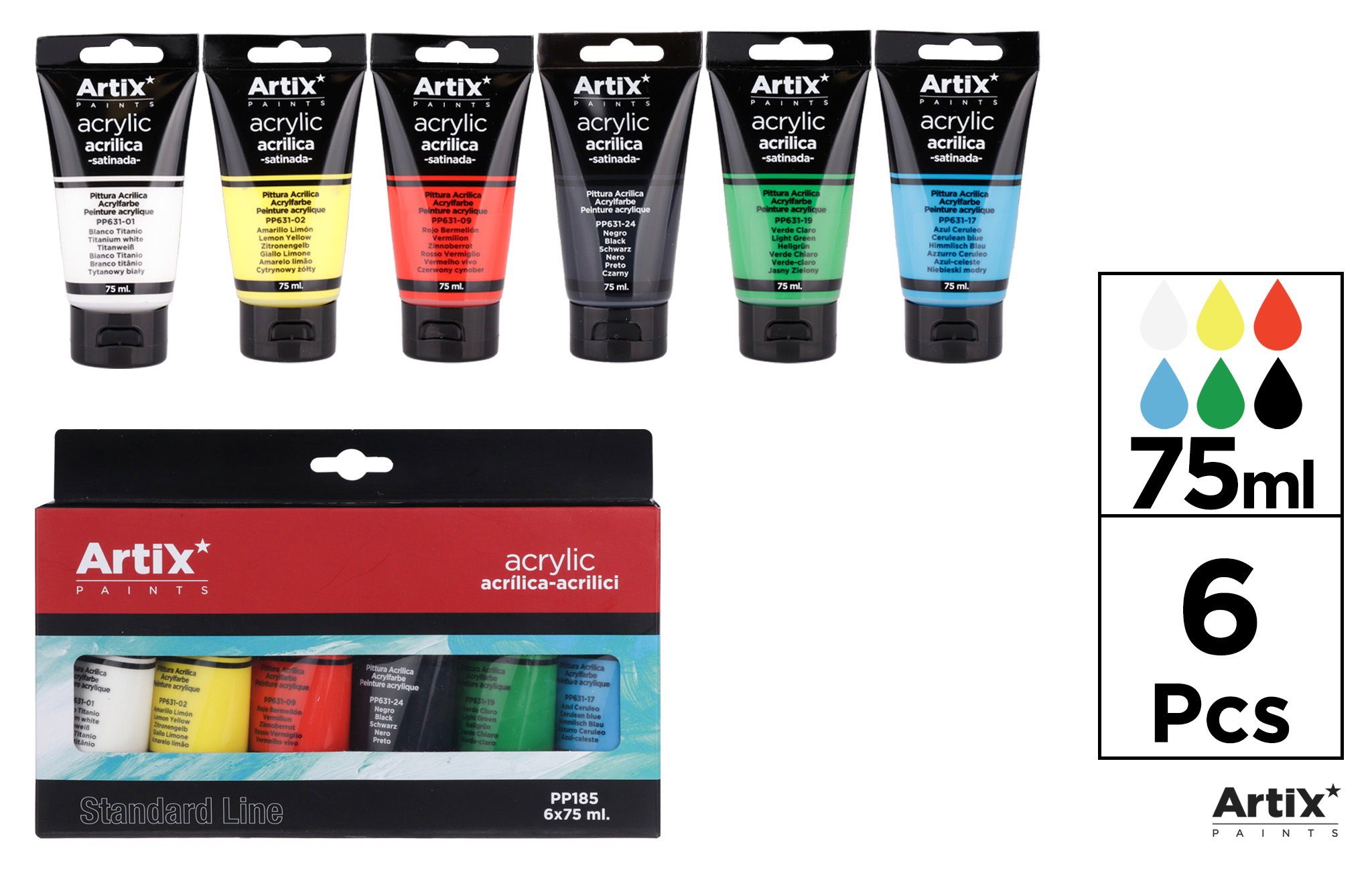 Set 6 vopsele acrilice Artix 75 ml
