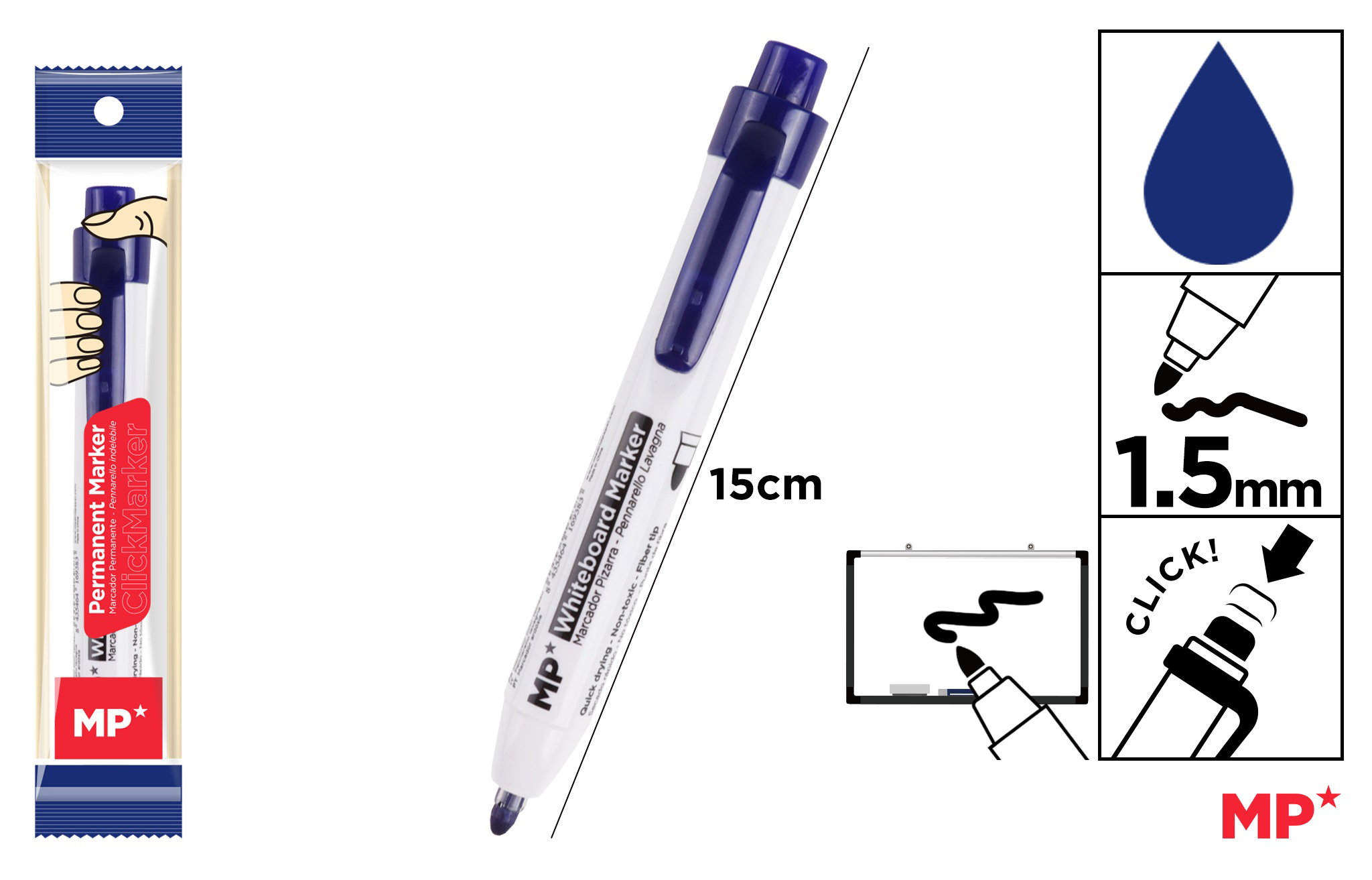 MARKER WHITEBOARD IPB CU CLICK 1.5MM ALBASTRU PE540A-S
