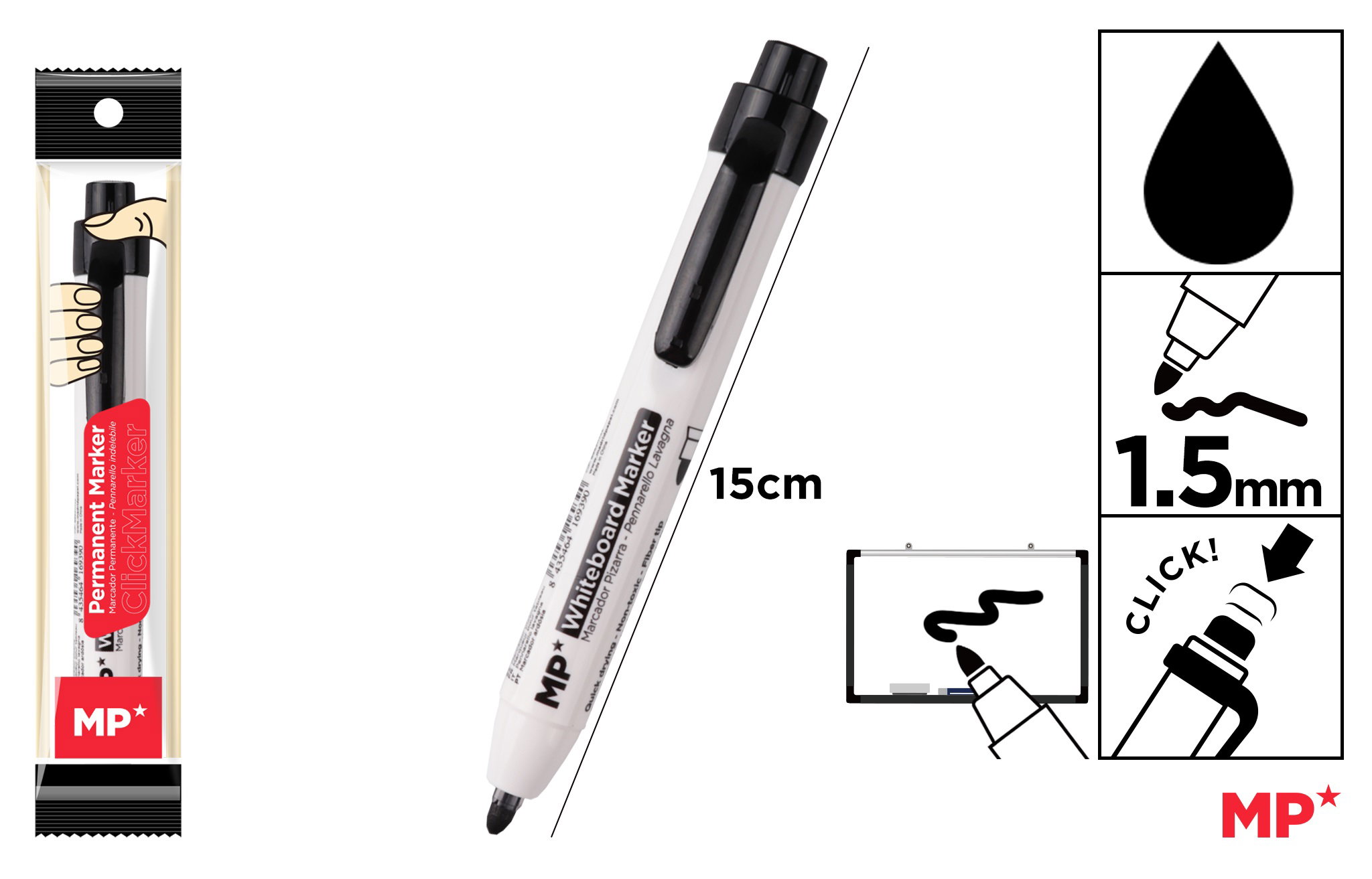 MARKER WHITEBOARD IPB CU CLICK 1.5MM NEGRU PE540N-S