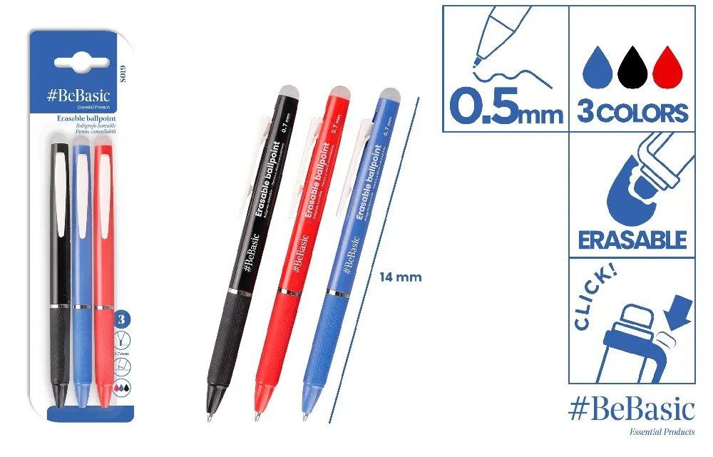 PIX CU RADIERA BeBasic 0.5MM CLICK 3/SET 3 CULORI S019