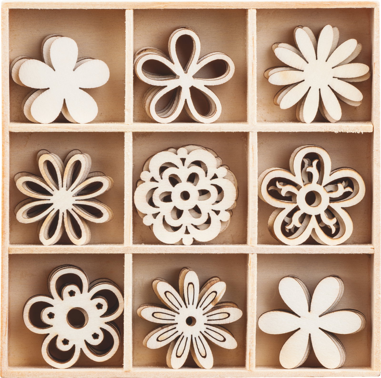 DECORATIUNI LEMN FLORI 45 piese, 9 modele, 3cm 18521103