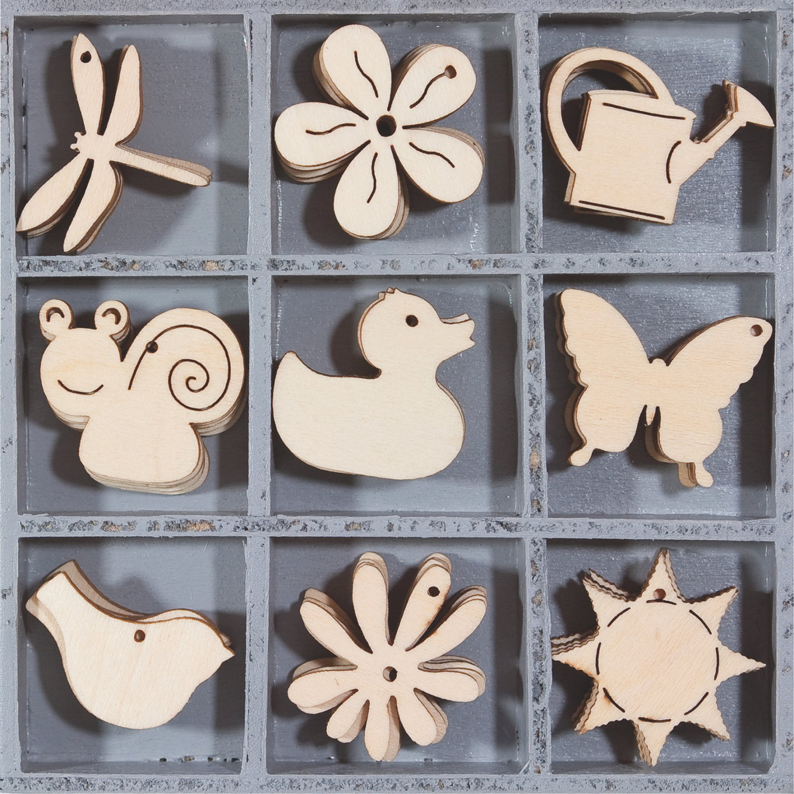 DECORATIUNI LEMN FLORI, ANIMALE 45 piese, 9 modele, 3cm 18521101