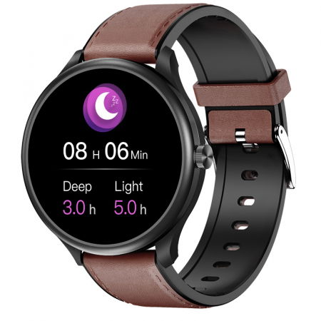 iSEN - Smartwatch iSEN Watch M10 Negru cu bratara maro inchis din piele, 1.3", ECG, PPG, Ritm cardiac, Presiune sanguina, Temperatura, Apelare