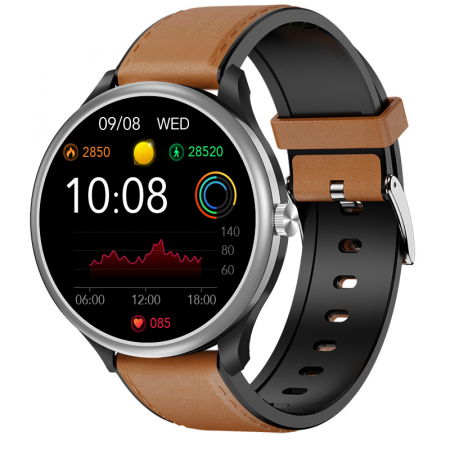 iSEN - Smartwatch iSEN Watch M10 Silver cu bratara maro deschis din piele, 1.3", ECG, PPG, Ritm cardiac, Presiune sanguina, Temperatura, Apelare