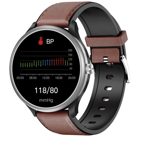 Bratari si Ceasuri Sport - Smartwatch iSEN Watch M10 Silver cu bratara maro inchis din piele, 1.3", ECG, PPG, Ritm cardiac, Presiune sanguina, Temperatura, Apelare