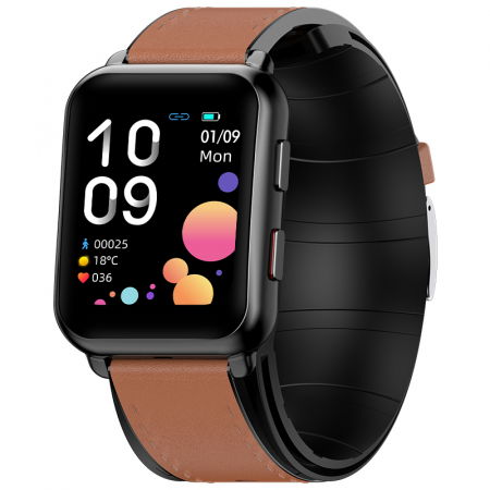 Bratari si Ceasuri Sport - Smartwatch iSEN Watch P80 Negru cu bratara maro din piele, 1.65" HD, Tensiometru cu manseta gonflabila, Ritm cardiac, Temperatura, Oxigen