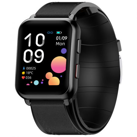 Bratari si Ceasuri Sport - Smartwatch iSEN Watch P80 Negru cu bratara neagra din piele, 1.65" HD, Tensiometru cu manseta gonflabila, Ritm cardiac, Temperatura, Oxigen
