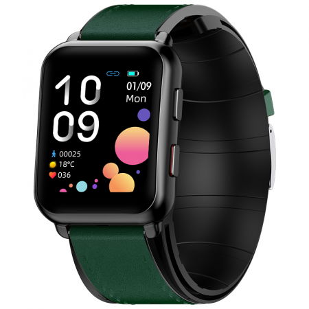 Bratari si Ceasuri Sport - Smartwatch iSEN Watch P80 Negru cu bratara verde din piele, 1.65" HD, Tensiometru cu manseta gonflabila, Ritm cardiac, Temperatura, Oxigen