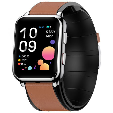 Bratari si Ceasuri Sport - Smartwatch iSEN Watch P80 Silver cu bratara maro din piele, 1.65" HD, Tensiometru cu manseta gonflabila, Ritm cardiac, Temperatura, Oxigen