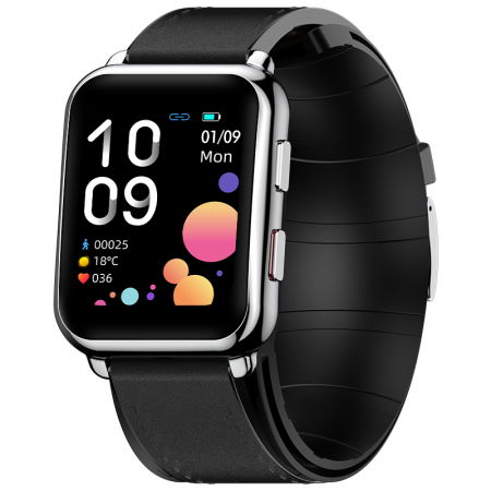 Bratari si Ceasuri Sport - Smartwatch iSEN Watch P80 Silver cu bratara neagra din piele, 1.65" HD, Tensiometru cu manseta gonflabila, Ritm cardiac, Temperatura, Oxigen