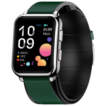Bratari si Ceasuri Sport - Smartwatch iSEN Watch P80 Silver cu bratara verde din piele, 1.65" HD, Tensiometru cu manseta gonflabila, Ritm cardiac, Temperatura, Oxigen