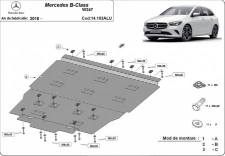 Scut motor Mercedes B-Class - Scut Aluminiu 3mm Motor, Cutie și Radiator Mercedes B-Class W247 (2018+)