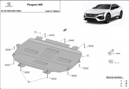 Scuturi metalice - Scut Aluminiu 3mm Motor, Cutie, Radiator și Bară Peugeot 408 (2022+)