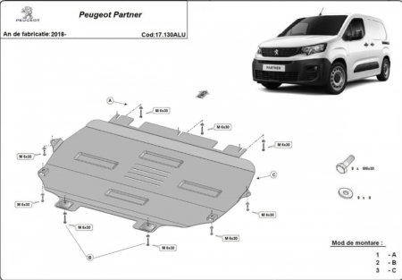 Scuturi metalice - Scut Aluminiu 3mm Motor, Cutie, Radiator și Bară Peugeot Partner (2018+)