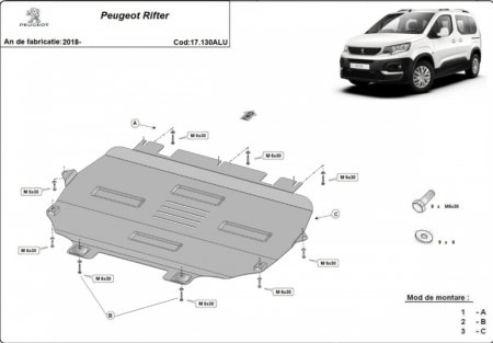 Scuturi metalice - Scut Aluminiu 3mm Motor, Cutie, Radiator și Bară Peugeot Rifter (2018+)