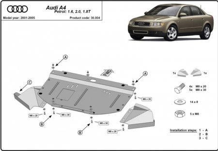 Scut metalic motor radiator și bară față oțel Audi A4 B6