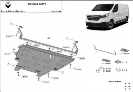 Scut Motor Metalic Renault Trafic (2022 - prezent) - Protecție 2mm Motor, Cutie și Radiator, Cod 17.114