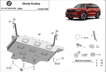 Scut Motor Metalic Oțel Skoda Kodiaq II Non-Hybrid (2024 - Prezent) - Protecție Integrală 2mm cu Fereastră Vizitare Ulei