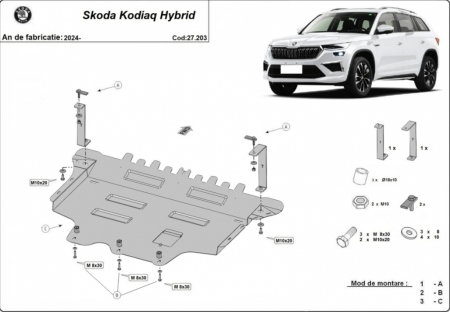 Scut motor metalic din oțel de 2mm pentru Skoda Kodiaq Hybrid 2024-2026 cod produs 27.203