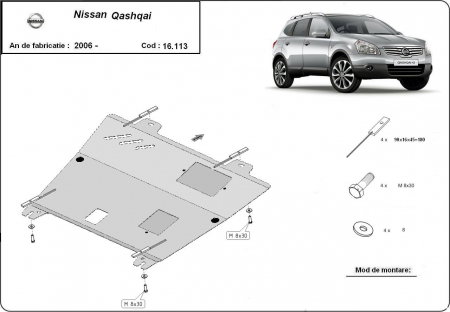 Scuturi metalice - Scut motor metalic Nissan Qashqai J10 2006-2013 Karmaster, otel 2mm, fereastra service ulei, cod 16.113