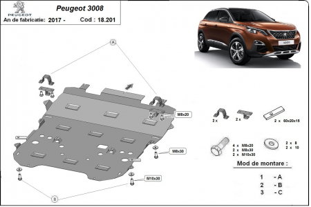 Scut motor metalic Peugeot 3008 (2017-2025) oțel 2mm cod 18.201 karmaster.ro