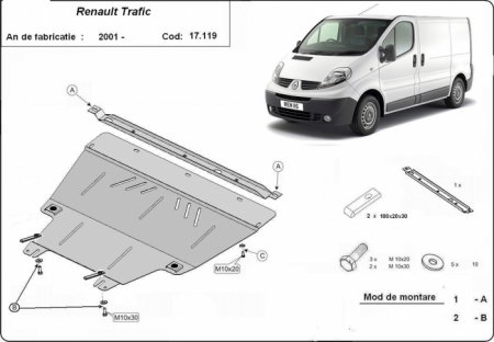 Scut Motor Metalic Renault Trafic (2003 - 2011) - Protecție 2mm Motor, Cutie Viteze și Radiator, Cod 17.119