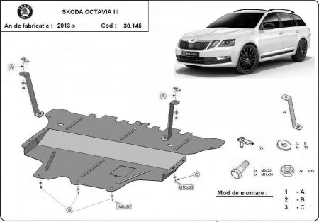 Scut motor Skoda Octavia - Scut Motor Metalic Oțel 2mm Skoda Octavia 3 (2013 - 2019) – Protecție Motor și Cutie Manuală