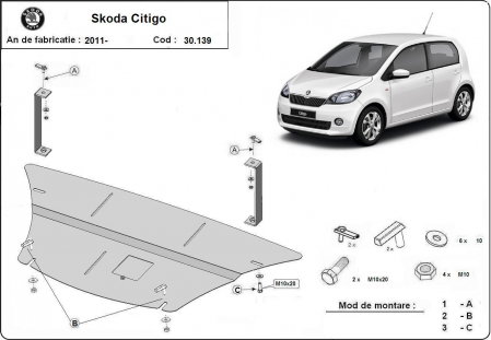 Scut motor Skoda - Scut Motor Metalic 2mm Skoda Citigo (2011-2020) cu Fereastră de Vizitare - Protecție Integrală
