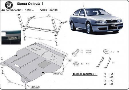 Scut motor Skoda - Scut Motor Metalic Oțel Skoda Octavia 1 (1U / Tour) - Protecție 2mm cu Jug de Susținere și Fereastră Ulei
