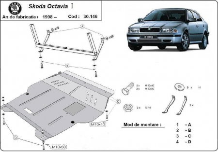 Scut motor Skoda - Scut Motor Metalic Oțel Skoda Octavia Tour (1998-2010) - Protecție Integrală 2mm cu Jug, Suporturi și Fereastră Ulei
