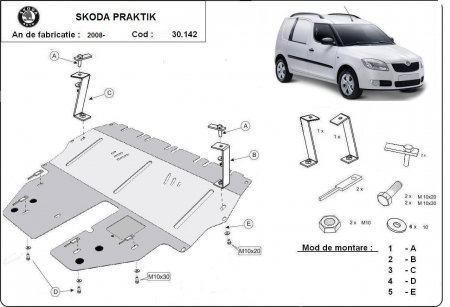 Scut motor Skoda Praktik - Scut Metalic Protecție Motor, Cutie Manuală, Radiator și Bară Față Skoda Praktik 2006-2015 (Cod Produs: 30.142)