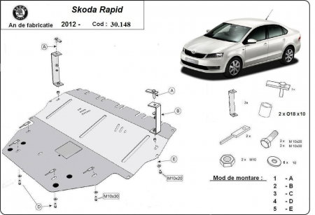 Scut motor Skoda - Scut Metalic Motor, Cutie Manuală, Radiator și Bară Față Skoda Rapid 2012-2019 (Cod 30.148)
