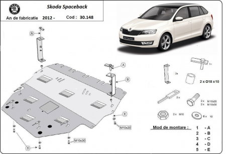 Scut motor Skoda - Scut Motor Metalic Oțel montat pe Skoda Spaceback (2013-2019) cu cutie manuală - Vedere frontală