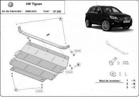 Scut motor Vw Tiguan - Scut Motor Metalic VW Tiguan (2008 - 2015) – Protecție Profesională 2mm