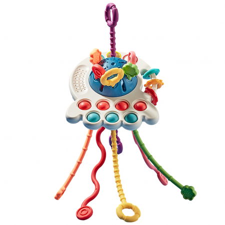 Jucarii senzoriale - dentitie, zornaitoare, de patut si carucior - Jucarie senzoriala OZN 4 in 1, de dentitie si dezvoltare pentru bebelusi