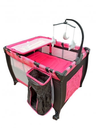 Camera copilului - Patut cu masa de infasat, cu doua nivele si carusel cu jucarii, P02 roz