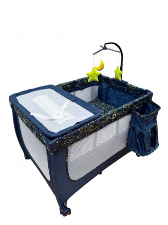 Camera copilului - Patut cu masa de infasat, cu doua nivele si carusel cu jucarii, P02 bleumarin