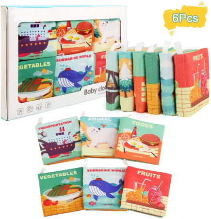 Jucarii senzoriale - dentitie, zornaitoare, de patut si carucior - Set 6 carti senzoriale textile pentru bebelusi