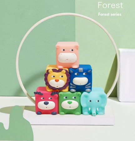 Jucarii senzoriale - dentitie, zornaitoare, de patut si carucior - Set 6 cuburi silicon pentru bebelusi, animalele texturate